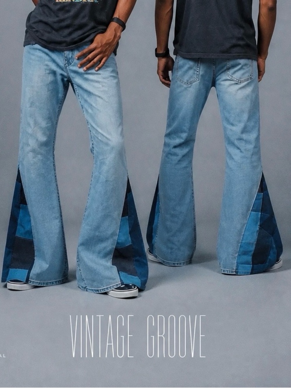 Light Blue Men's Flared Patchwork Jeans - Picture 2 of 3